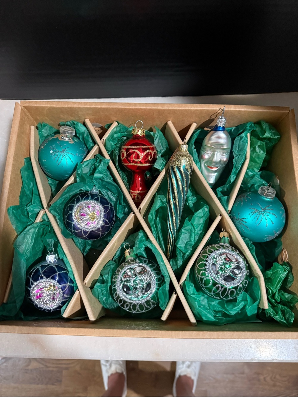 Vintage glass Christmas ornaments 9 various shapes colors & reflective designs